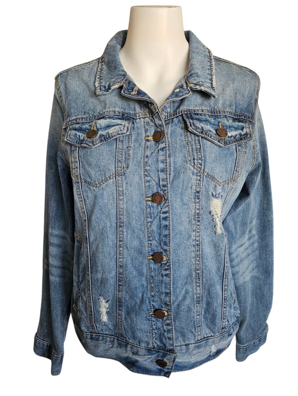 Market & Spruce Womens Denim Jean Jacket Distressed Sz Med Biker Rodeo Grunge